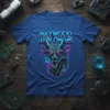 Haywood Jablow Me text above a detailed cyberpunk dragon head with neon pink and blue accents on a blue t-shirt