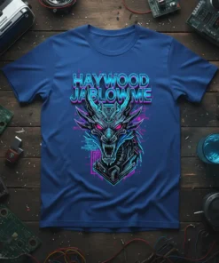 Haywood Jablow Me text above a detailed cyberpunk dragon head with neon pink and blue accents on a blue t-shirt