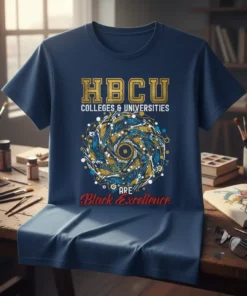 HBCU Colleges & Universities Are Black Excellence text design with a vibrant circular graphic on a navy t-shirt