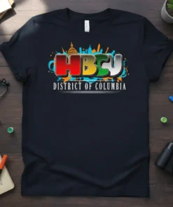 HBCU District of Columbia text graphic with skyline silhouette on a black t-shirt