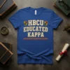 HBCU Educated Kappa text design with shield logos on a royal blue t-shirt