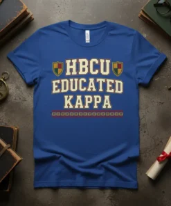 HBCU Educated Kappa text design with shield logos on a royal blue t-shirt
