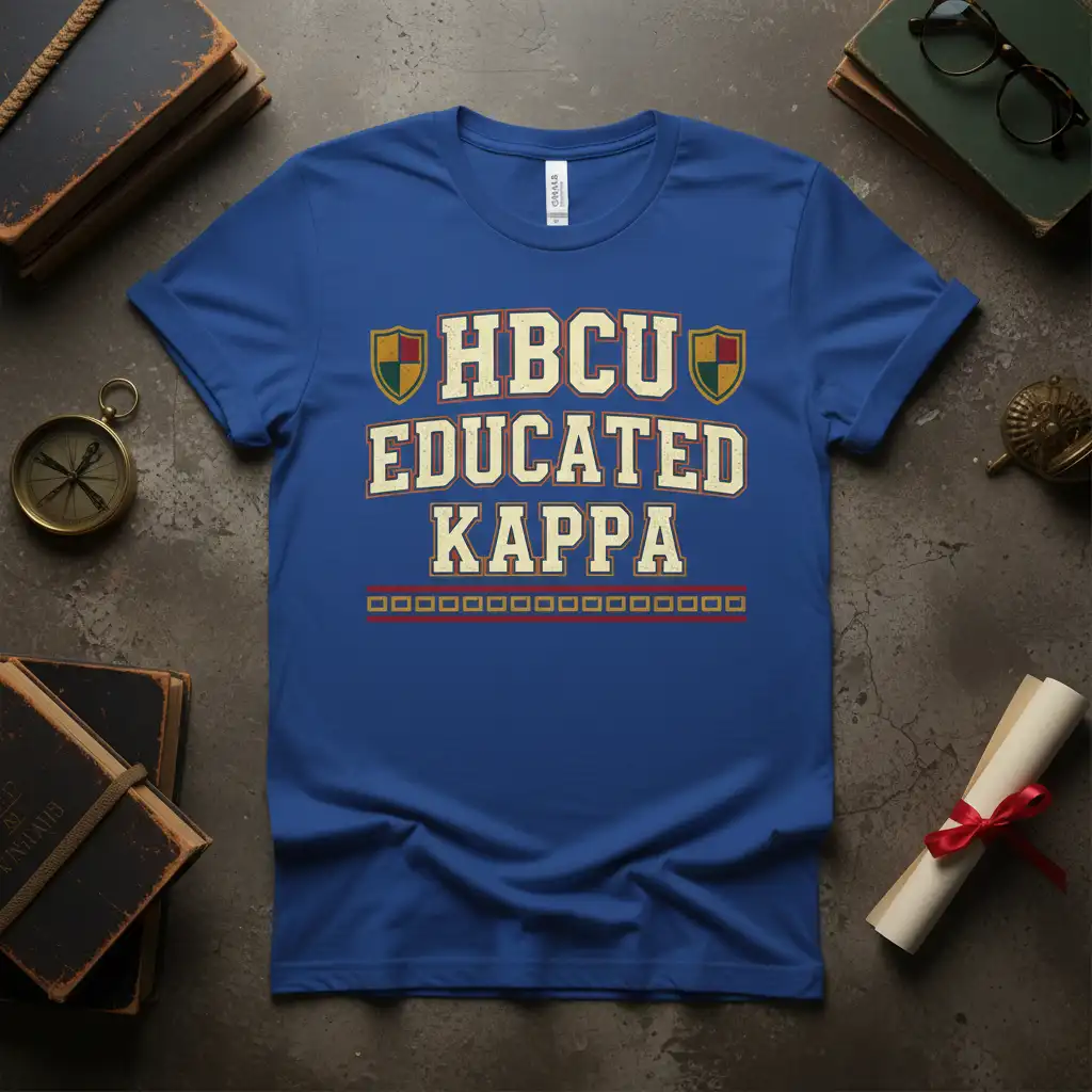 HBCU Educated Kappa bold collegiate text with shield emblems on a royal blue t-shirt
