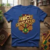 HBCU EDUCATED t-shirt design featuring gold distressed text and vibrant Kente cloth pattern background