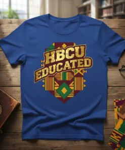 HBCU EDUCATED t-shirt design featuring gold distressed text and vibrant Kente cloth pattern background