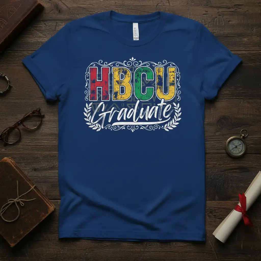 HBCU Graduate design with colorful block letters and script text on a blue t-shirt