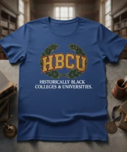 HBCU Historically Black Colleges & Universities text design with laurel wreath on a blue t-shirt