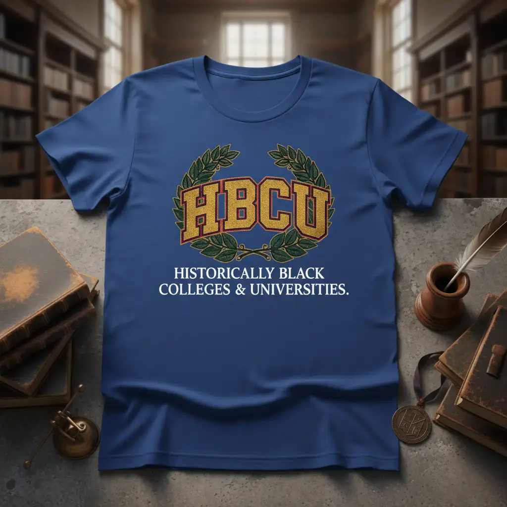 HBCU HISTORICALLY BLACK COLLEGES & UNIVERSITIES text and laurel wreath design on a blue tee