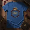 HBIC text with crown and red roses design on a royal blue t-shirt