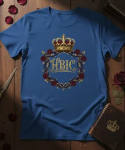 HBIC text with crown and red roses design on a royal blue t-shirt
