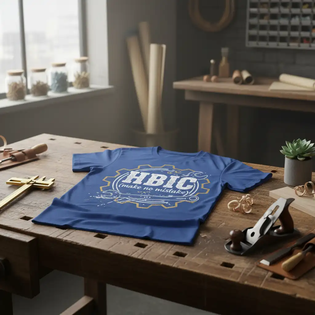 HBIC (make no mistake) quote with gear and wrench graphics on a blue t-shirt