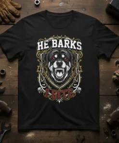 Black t-shirt with "HE BARKS and I BITE" quote and a fierce Rottweiler graphic, framed by barbed wire elements