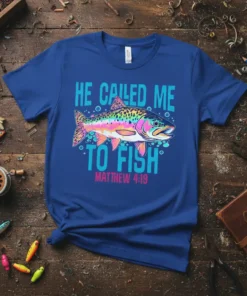 Christian t-shirt with "HE CALLED ME TO FISH MATTHEW 4:19" text and a colorful rainbow trout graphic