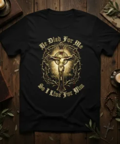 Christian t-shirt design with golden crucifix, crown of thorns, and text "He Died For Me So I Live For Him"