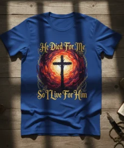 He Died For Me So I Live For Him Christian T-Shirt with a cross graphic and golden wings
