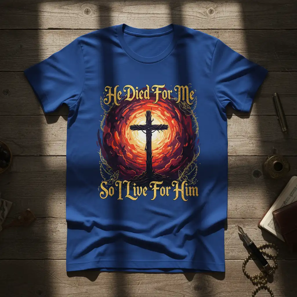 He Died For Me So I Live For Him quote with cross graphic on blue t-shirt