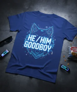 HE / HIM GOOD BOY t-shirt with blue wolf graphic and digital circuit design, displaying pronouns
