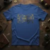 Blue t-shirt with gold ornate text reading "HE / HIM / HOLE" for pronoun pride, featuring steampunk-inspired gears and swirls