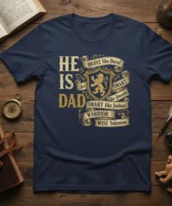 HE IS DAD BRAVE text design featuring detailed typography on quality t-shirt