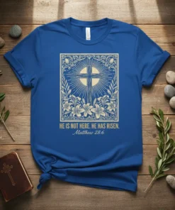 HE IS NOT HERE. text design featuring detailed typography on quality t-shirt