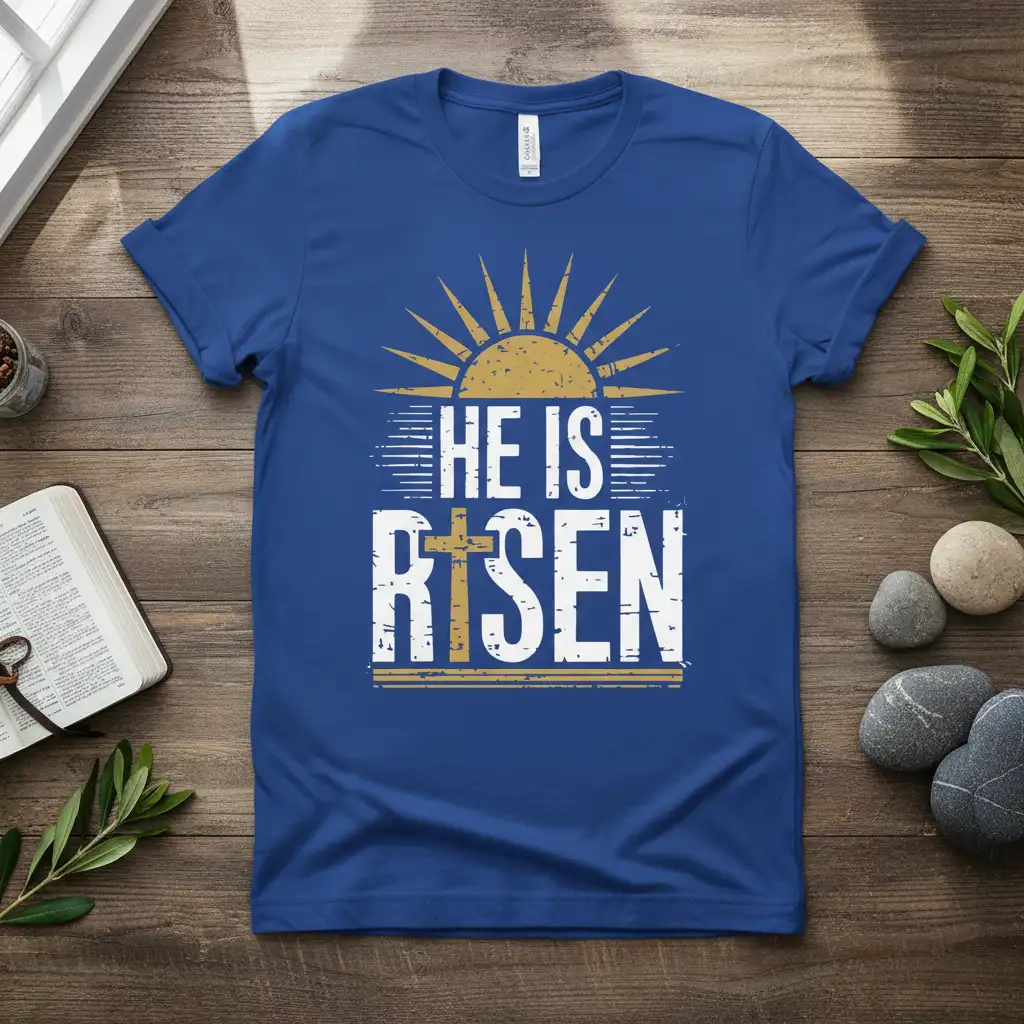 He Is Risen Christian Easter T-Shirt featuring bold typography and a sunrise graphic