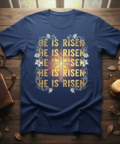 Navy blue t-shirt with golden "HE IS RISEN" text and a glowing cross graphic with floral accents
