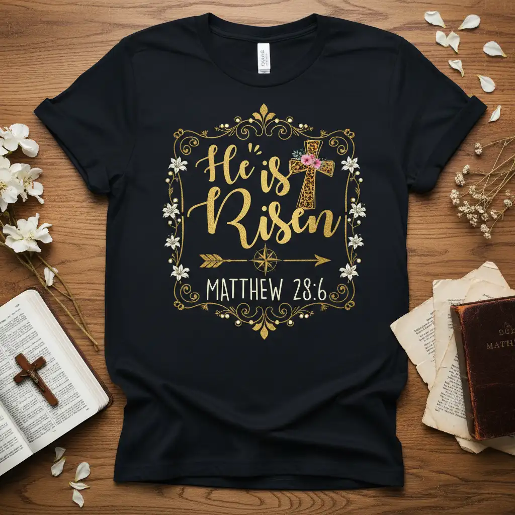 He is Risen Matthew 28:6 quote in gold glitter lettering on a black tee with a floral cross