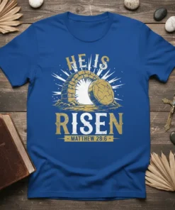He Is Risen Matthew 28:6 Christian Easter T-Shirt design with empty tomb graphic and sunburst effect