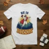 T-shirt with "HE IS RIZIN'" text and Jesus playing football design, religious humor graphic