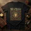 He is Rizzen Christian t-shirt with a golden lion head and floral border