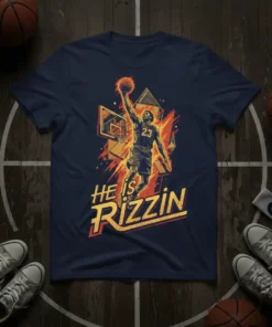 HE IS Rizzin basketball player dunking graphic on a navy t-shirt, number 23 visible, bold yellow and orange text