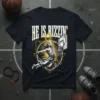 He Is Rizzin' Jesus basketball dunk design on a black t-shirt with gold accents