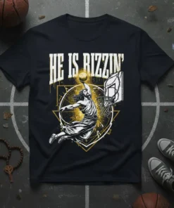 He Is Rizzin' Jesus basketball dunk design on a black t-shirt with gold accents