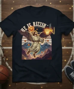 He Is Rizzin' Jesus playing basketball graphic on a dark t-shirt with wings and a hoop