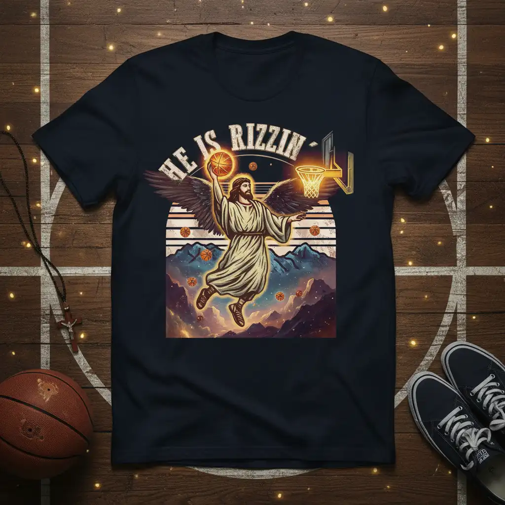 He Is Rizzin' Jesus playing basketball with wings, dunking a ball on a t-shirt graphic