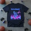 He is Rizzin' t-shirt design showing Jesus playing basketball with neon crystals and stars in a vaporwave style