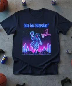 He is Rizzin' t-shirt design showing Jesus playing basketball with neon crystals and stars in a vaporwave style