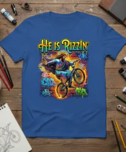 He Is Rizzin' Jesus on a BMX bike with graffiti background, humorous Christian t-shirt design