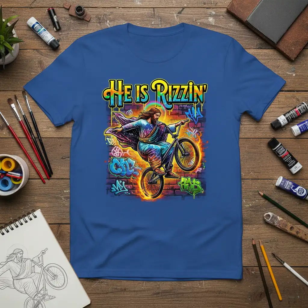 HE IS Rizzin' Jesus Christ on BMX bike with graffiti art, vibrant religious streetwear design