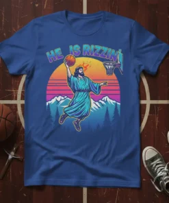He Is Rizzin' T-Shirt design with Jesus dunking a basketball against a retro sunset and mountain graphic