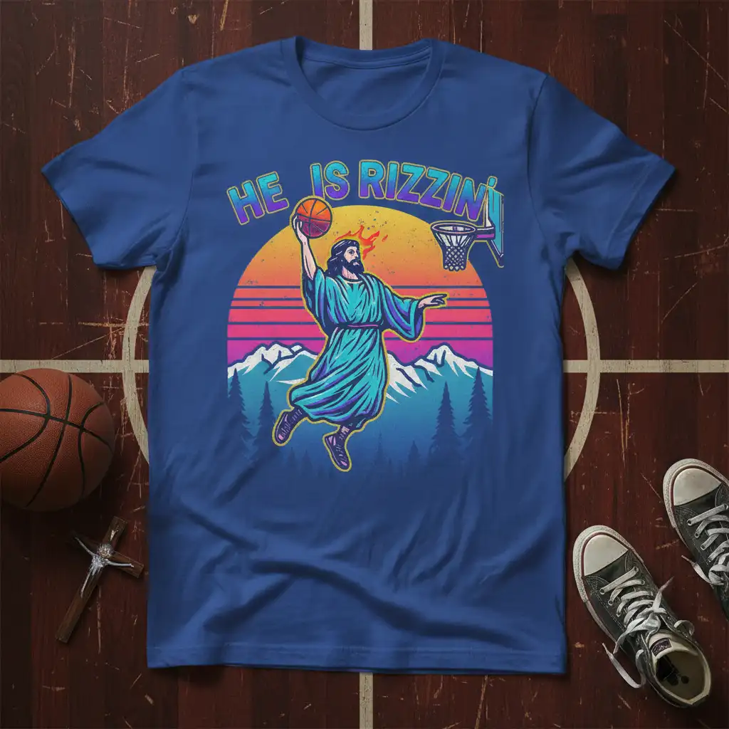 He Is Rizzin' Jesus basketball dunk graphic with retro sunset and mountains on t-shirt