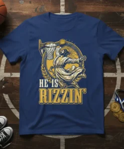 He Is Rizzin' Jesus Dunking Basketball T-Shirt featuring religious humor graphic