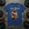 He Is Rizzin' t-shirt design with muscular Jesus lifting a barbell, golden text, and sunburst background