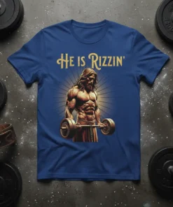 He Is Rizzin' t-shirt design with muscular Jesus lifting a barbell, golden text, and sunburst background