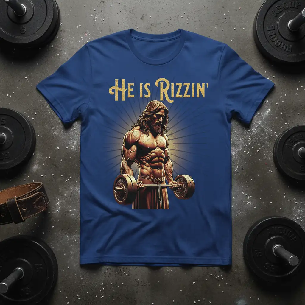 He Is Rizzin' t-shirt design showcasing a muscular Jesus with a barbell, golden text, and sunburst graphic