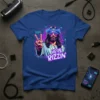 He Is Rizzin' T-Shirt with Jesus giving peace sign and wearing sunglasses, retro neon style