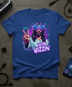 He Is Rizzin' T-Shirt with Jesus giving peace sign and wearing sunglasses, retro neon style