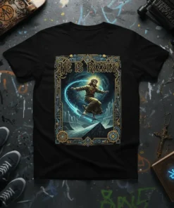 He Is Rizzin' text above Jesus skateboarding graphic on a black t-shirt, vibrant blue and gold accents