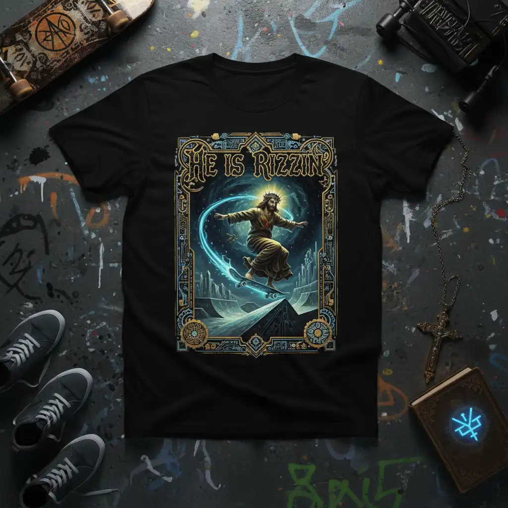 He Is Rizzin' text and Jesus skateboarding on a black tee, vibrant spiritual design