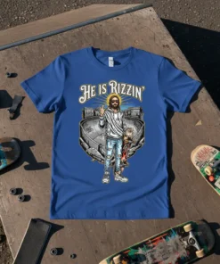 HE IS RIZZIN' t-shirt design with Jesus as a skater holding a skateboard in a skatepark